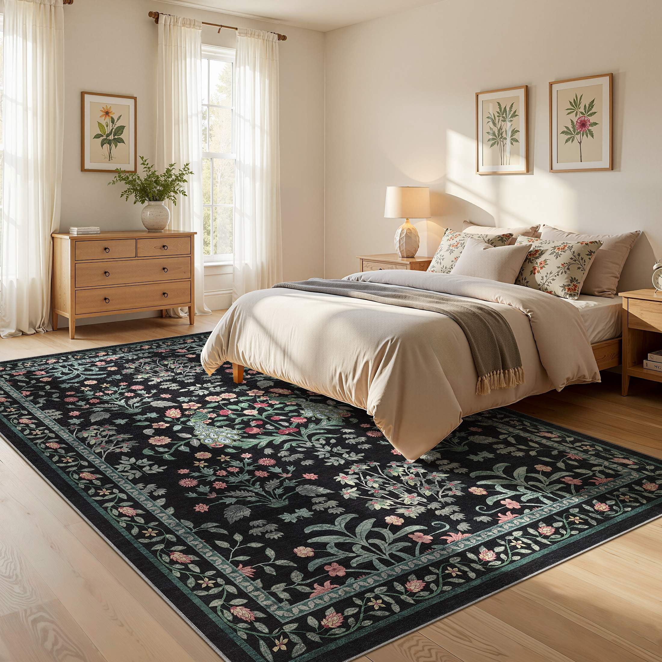 Micgeek Boho 6x9 Area Rugs for Living Room, Floral Non-Slip Washable Rug for Bedroom Home Decor Carpet, Farmhouse Dining Room Office Throw Rugs, Black