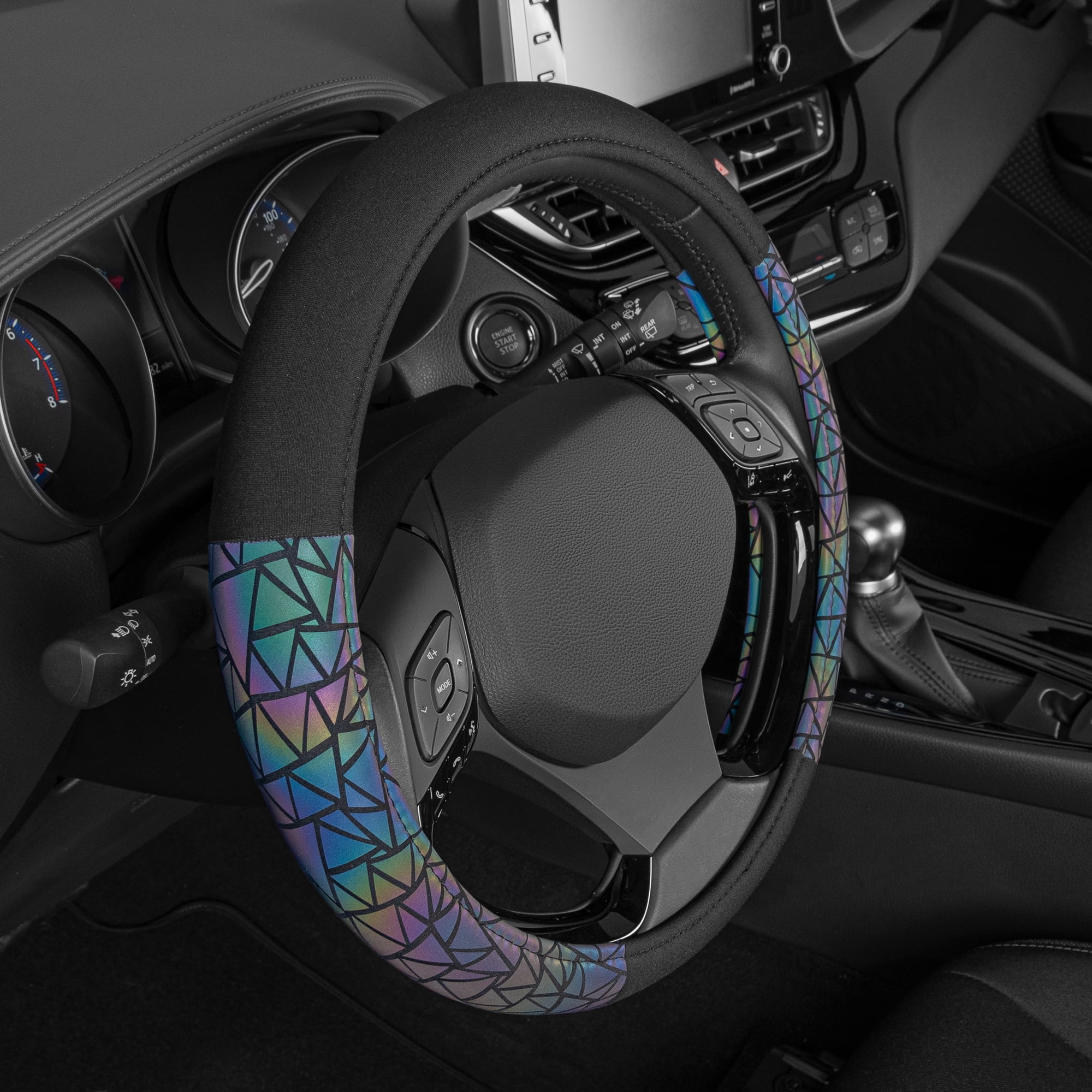 BDK Geometric Prism Sparkle Glitter Steering Wheel Cover - Car Steering Wheel Cover for Women with Shiny Holo Bling Accents, Universal Fit for Car Truck Van SUV Wheel Sizes 14.5 to 15.5 Inches