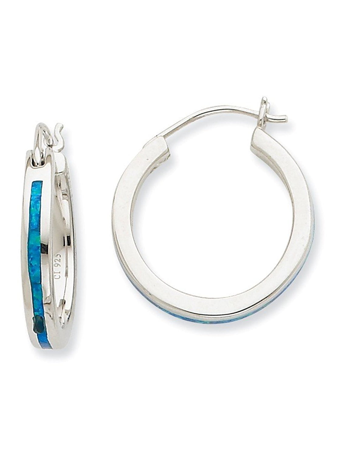 Sterling Silver Created Blue Opal Inlay Hoop Earrings 