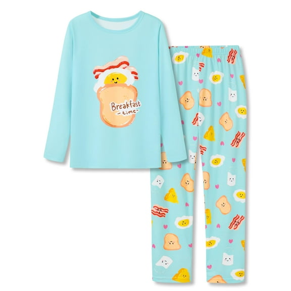Topgal Cute Pajamas for Big Girls Light Blue Breakfast Time Toast Comfy Sleepwear Long Sleeve & Pant Sets Size 10