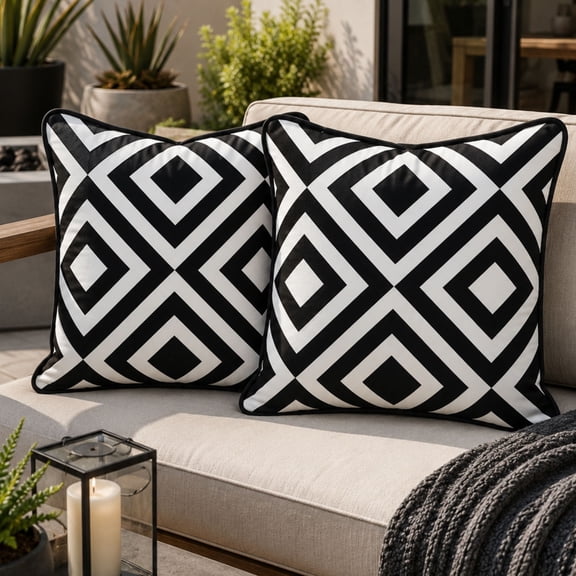 DecorX Waterproof Outdoor Pillow Covers 18x18, Set of 2, Black & White Diamond Geometric, Hidden Zipper, Covers Only