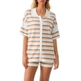 thumbnail image 2 of FOCUSNORM Women Pajamas Set 2 Pieces Loungewear Suits Stripe Contrast Color Button Crochet Knit Tops and Shorts Lounge Sets, 2 of 9