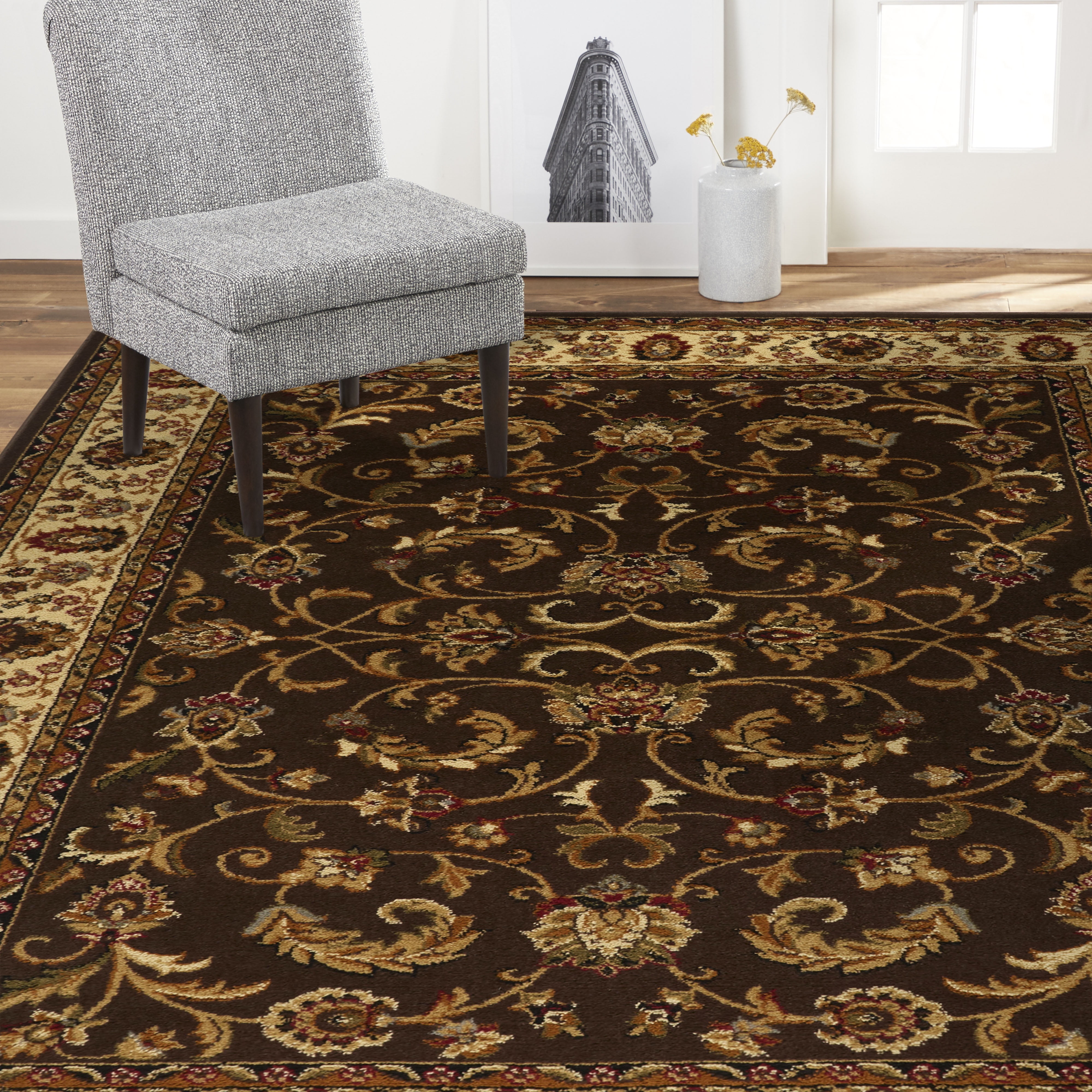 Home Dynamix Royalty Elati Traditional Ornate Damask Indoor Area Rug, Brown/Ivory, 5'2"x7'2"