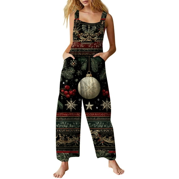 Women's Casual Loose Jumpsuit with Christmas Print, Army Green, Size L