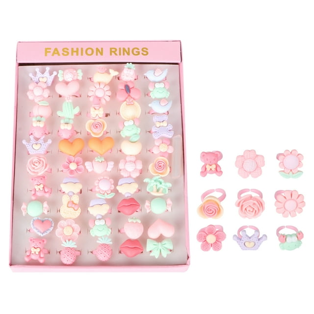 50 Pcs Bagues de Mode Dessin Animé Ouvertes Ajustables Bague de Doigt Bijoux Jouets pour Enfants Filles (Fleur Givrée)