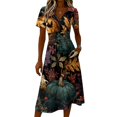 thumbnail image 4 of Women's Halloween Dresses Castle Bat V Neck Spooky Midi Dresses Pumpkin Spider Webeb Short Sleeve Funny Dresses, M, 4 of 5