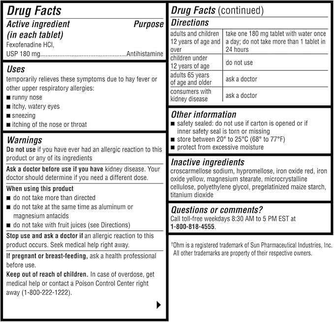 (2 pack) Ohm Fexofenadine Hydrochloride Antihistamine Allergy Relief Tablets, Non-Drowsy, 180mg, 150 Ct