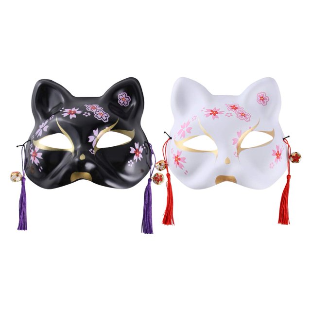 2 x Máscaras de gato Kabuki para Halloween, máscara de zorro japonesa, máscara de mascarada para baile, maquillaje, accesorios para fiestas, regalos (blanco y negro)