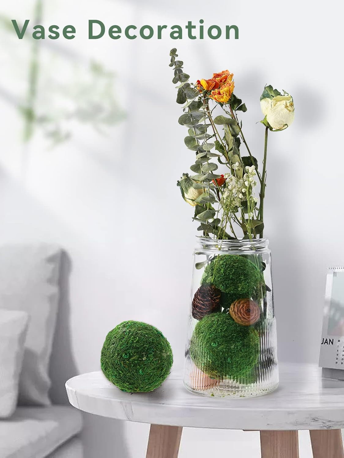 6Pack Decorative Faux Dried Moss Balls- 3" Artificial Green Plant Mossy Globes Handmade Sphere Moss Gift for Home Dough Bowl Vase Chinoiserie Decors Party Wedding Display