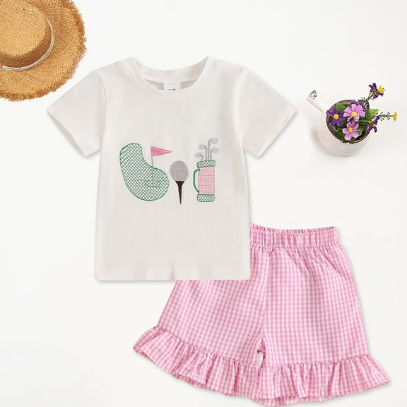 Baby Girl Clothes 6-12 Months Toddler Girl Golf Outfits Baby Fly Sleeve T-shirt Tops Ruffle Trim Shorts 2Pcs Girls Summer Clothes