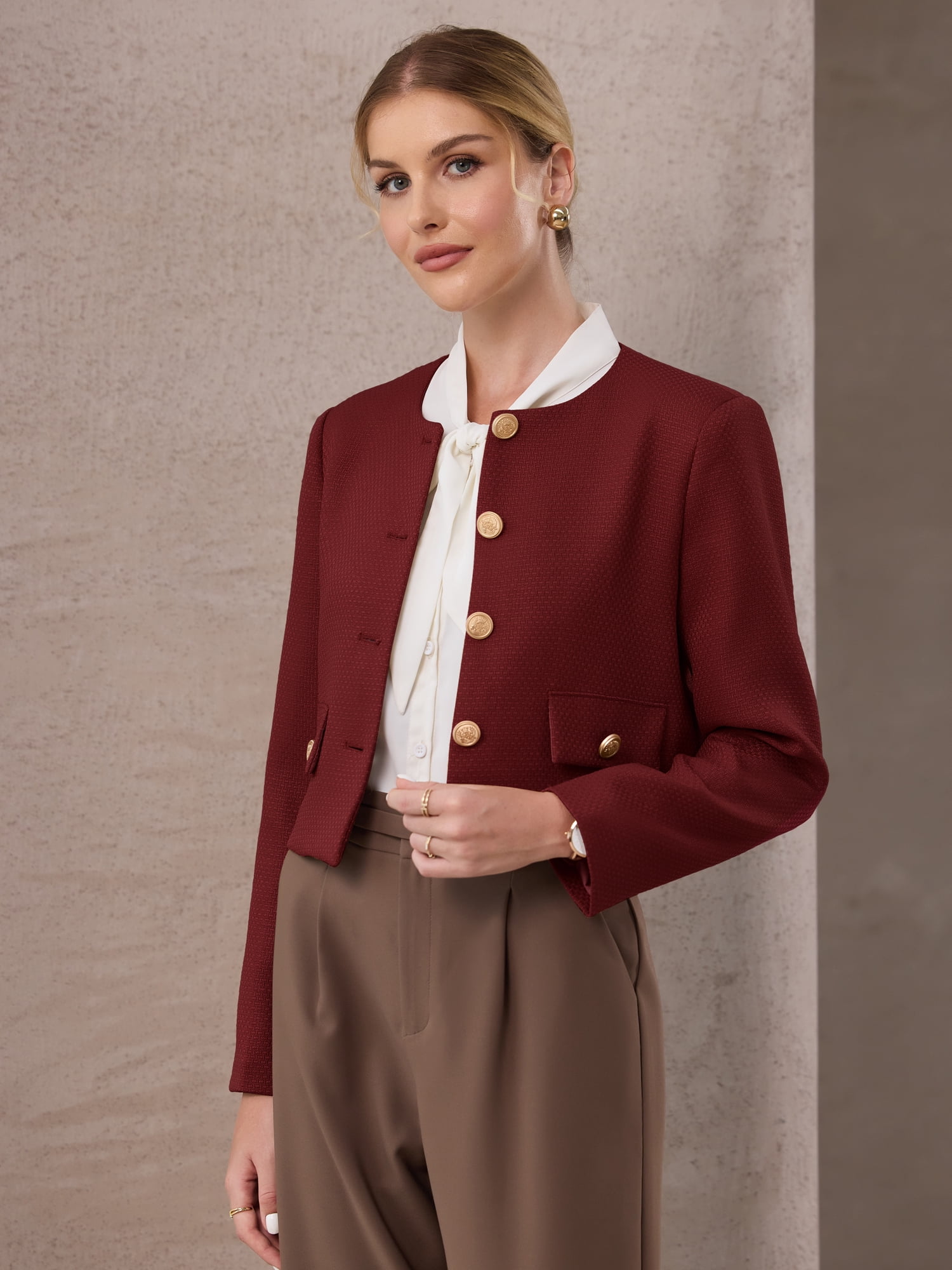 DARING DIVA Women's Tweed Short Jacket Collarless Office Cropped Blazer M Dark Red