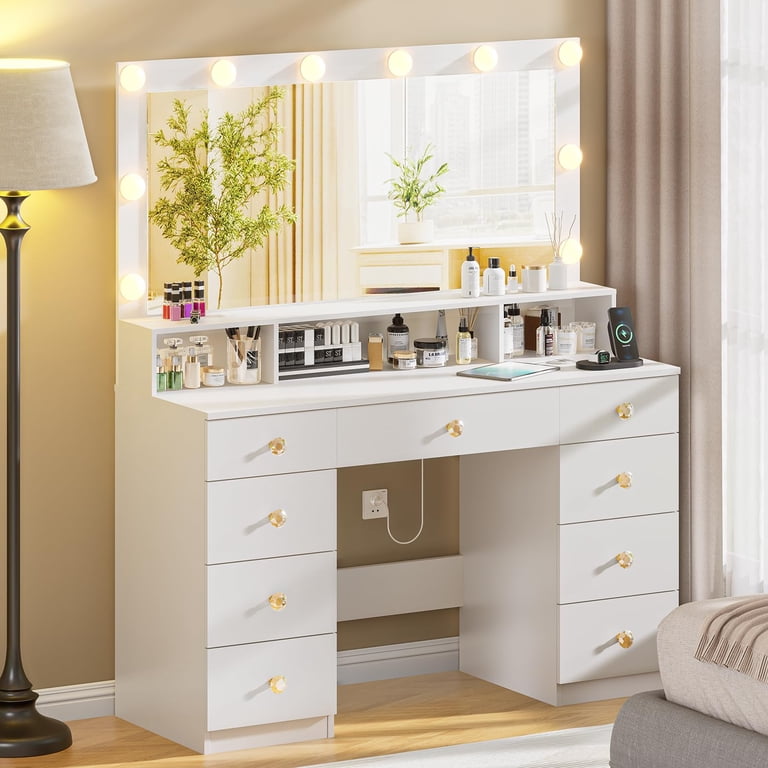 Withe Power White Vanity With Lighted Mirror Makeup Desk Power Outlet 9 Drawers ...