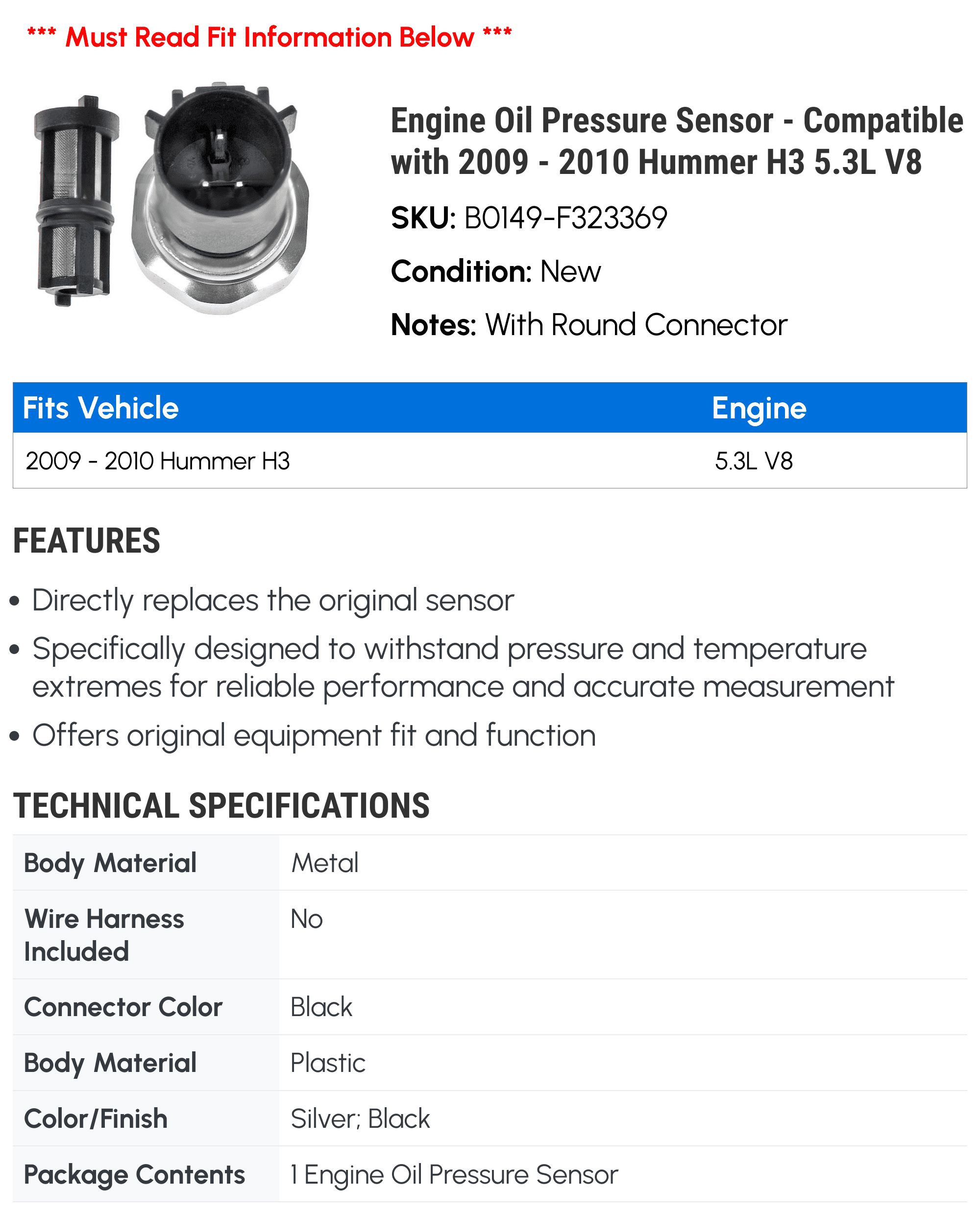 Engine Oil Pressure Sensor - Compatible with 2009 - 2010 Hummer H3 5.3L V8