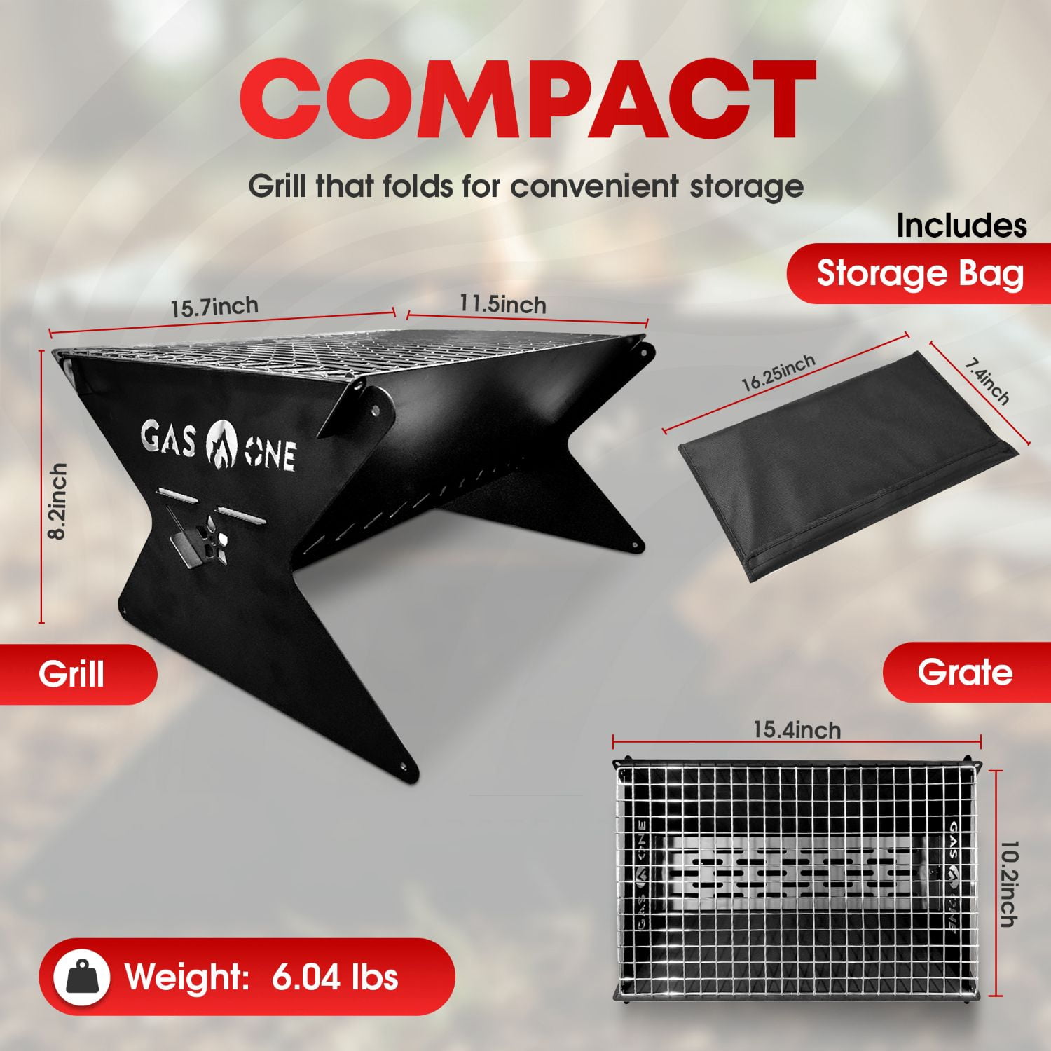 GasOne 15” Portable Charcoal Grill – Foldable BBQ Grill – Camping Grills for Backyard, Bonfire, Patio – Heavy-Duty Portable Fire Pit – Camp Cooking Gear