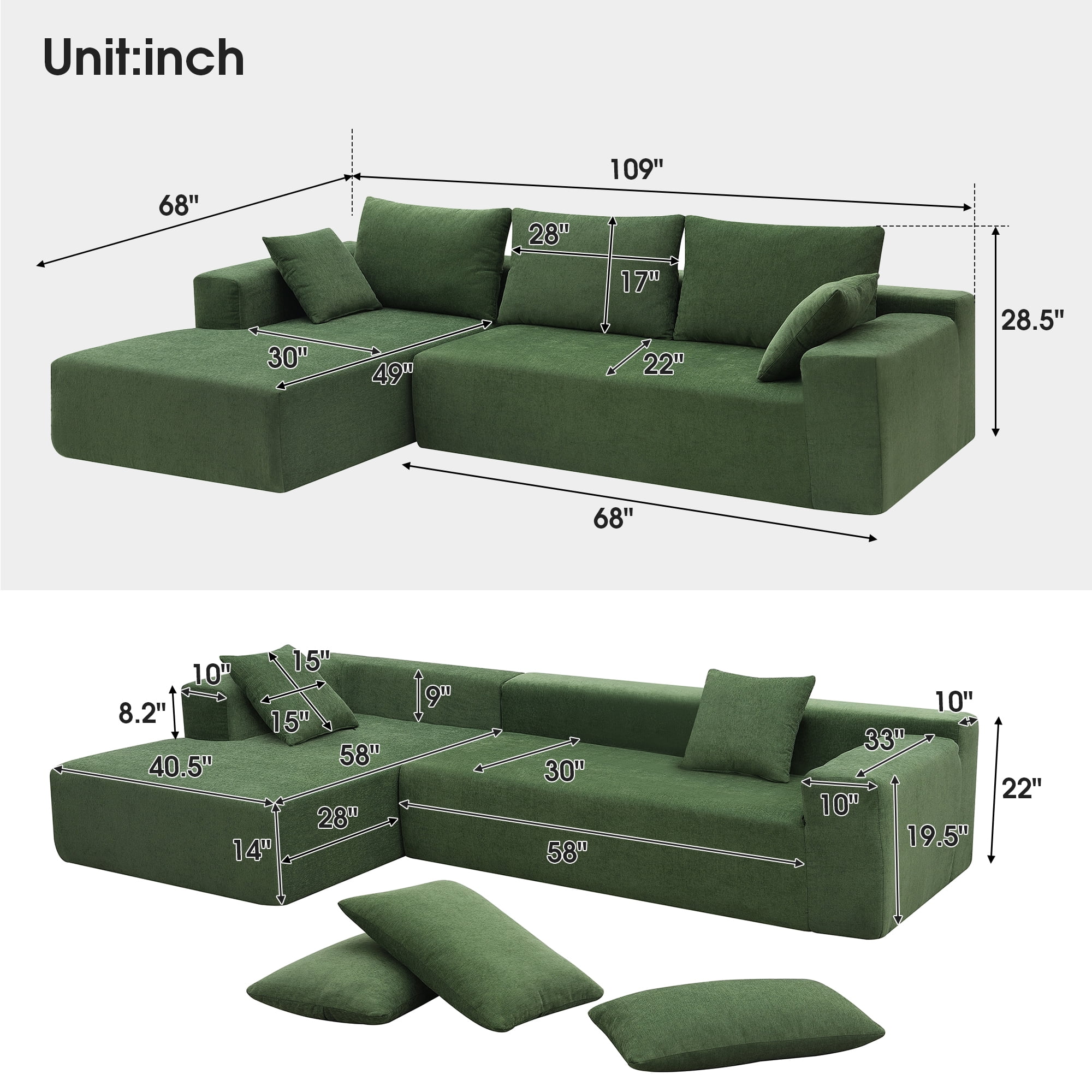109" L-Shape Modular Sectional Sofa,Upholstered Compressed Sofa for Living Room, Bedroom,Green