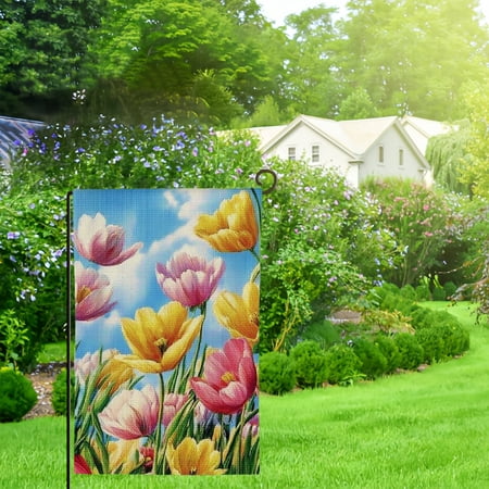 Heduofu Welcome Spring Summer Garden Flag Tulip Flower Floral Outdoor Small Seasonal Holiday Yard Sign Outside Home House Decor 28x40in
