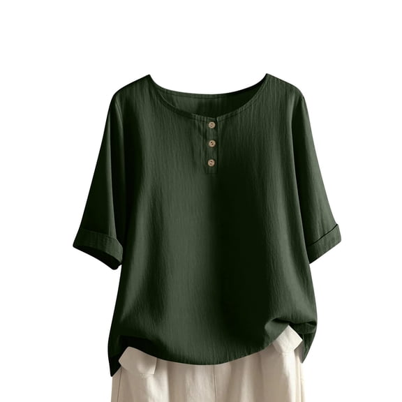 Enjoytime Women's Blouses Solid Color Round Neck Button Down Shirts Fashion Business Casual Short Sleeve Tops Army Green XL
