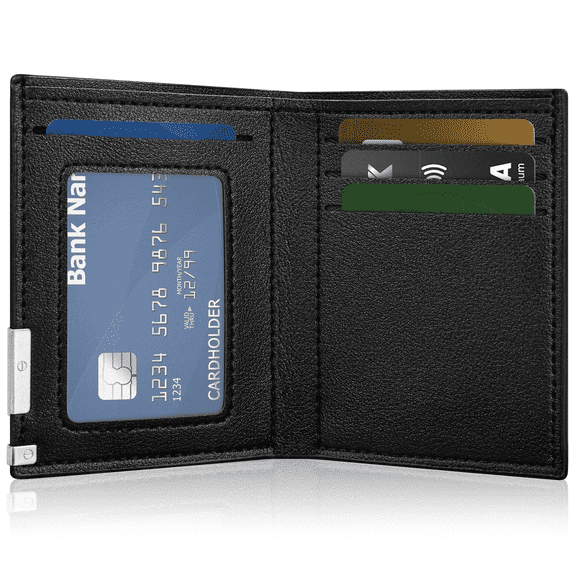 Cshidworld Mens Wallet, Bifold Genuine Leather Wallet for Men, RFID Blocking Wallet with 1 ID Window, 4 Card Holders & 2 Cash Slots, Slim Front Pocket Wallet, Black