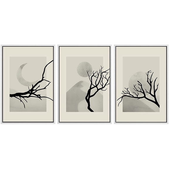 PixonSign Framed Canvas Print Wall Art Set Tree Silhouette Desert Landscape Nature Floral Illustrations Modern Art Minimalism Decorative Botanical for Living Room, Bedroom, Office - 16"x24"x3 White