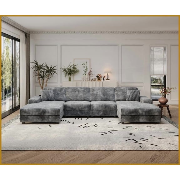 Modern U-Shaped 4-Seat Corduroy Sofa for Living Room with Storage Armrests