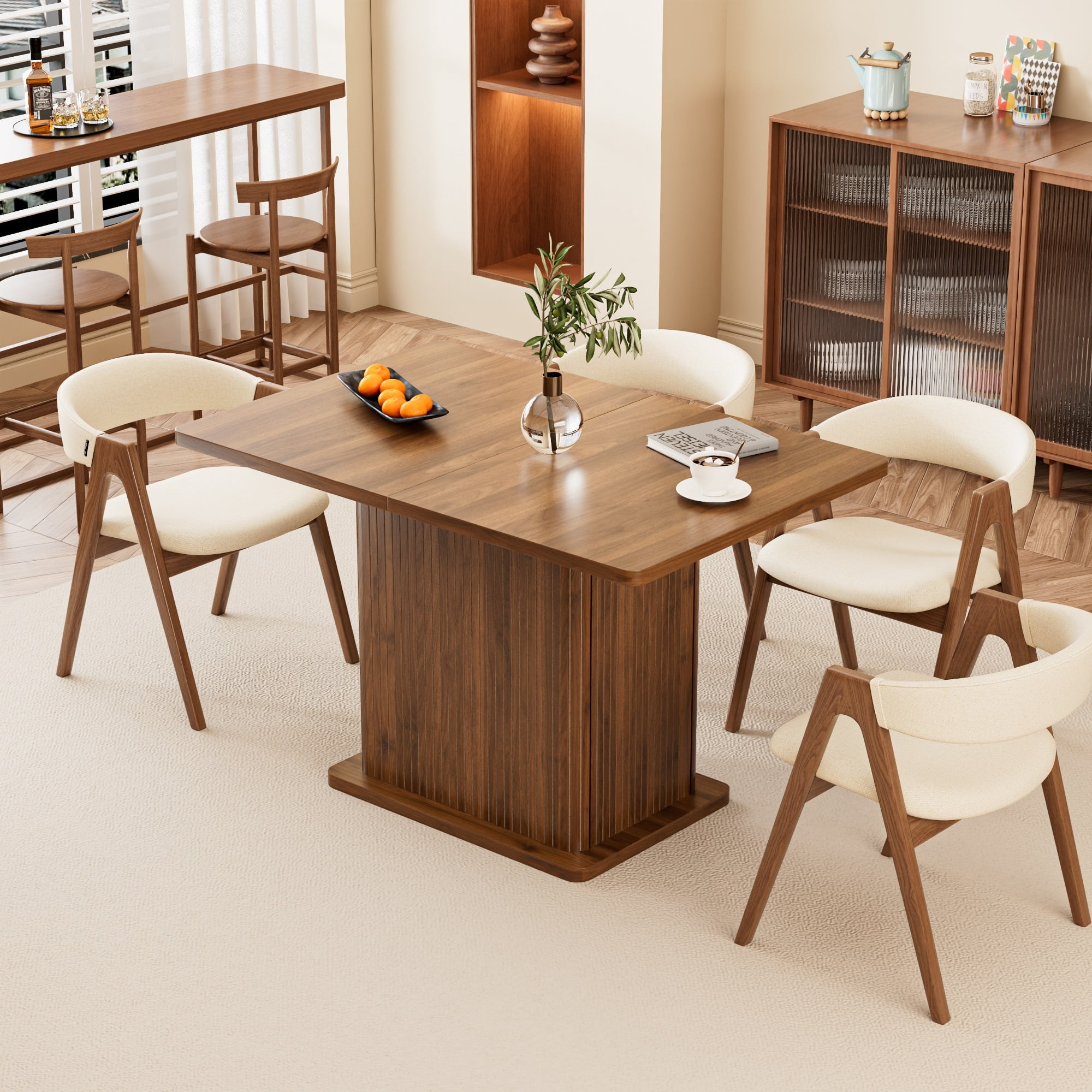 Extendable Dining Table for 4-8, Rectangle Dining Room Table with Storage, Modern Kitchen Table for Dinner, Living Room, Walnut