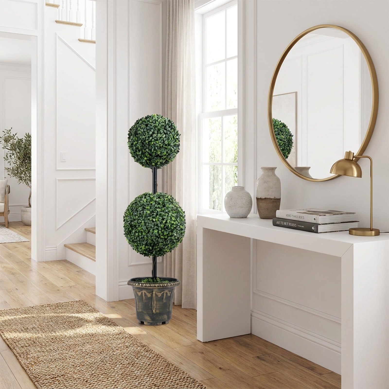 Vebreda Artificial Plant Decor, 3 FT Artificial Boxwood Topiary Tree Double Ball Shrubs, Eye-Catching Topiary Form, No-Upkeep Greenery