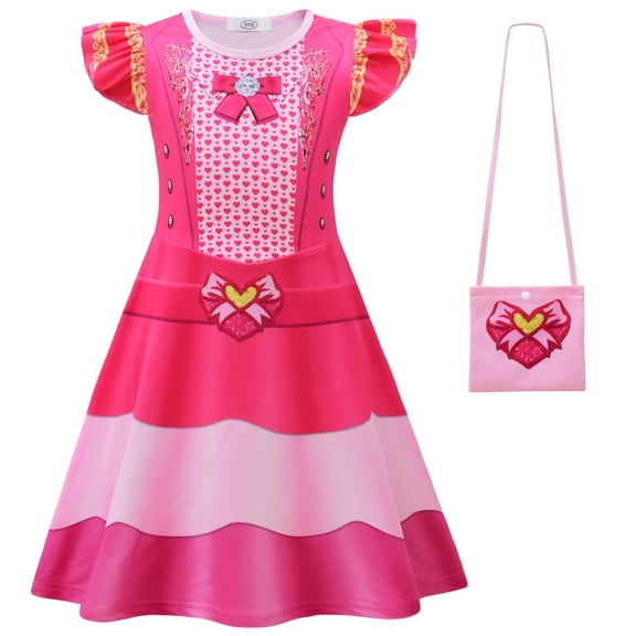 Pink Wonderland Costume Dress Set, Heart Print Flutter Sleeve Fantasy Halloween Cosplay Party Outfit with Bag