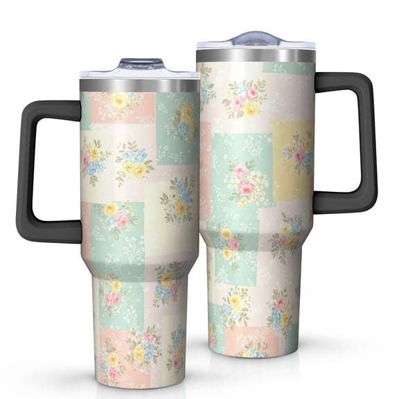 40oz Pioneer Flower Floral Print Pattern Insulated Tumbler with Handle, BPA-Free Leak Proof Lid and Straws, Double Wall Vacuum, Hot 12h/Cold 34h
