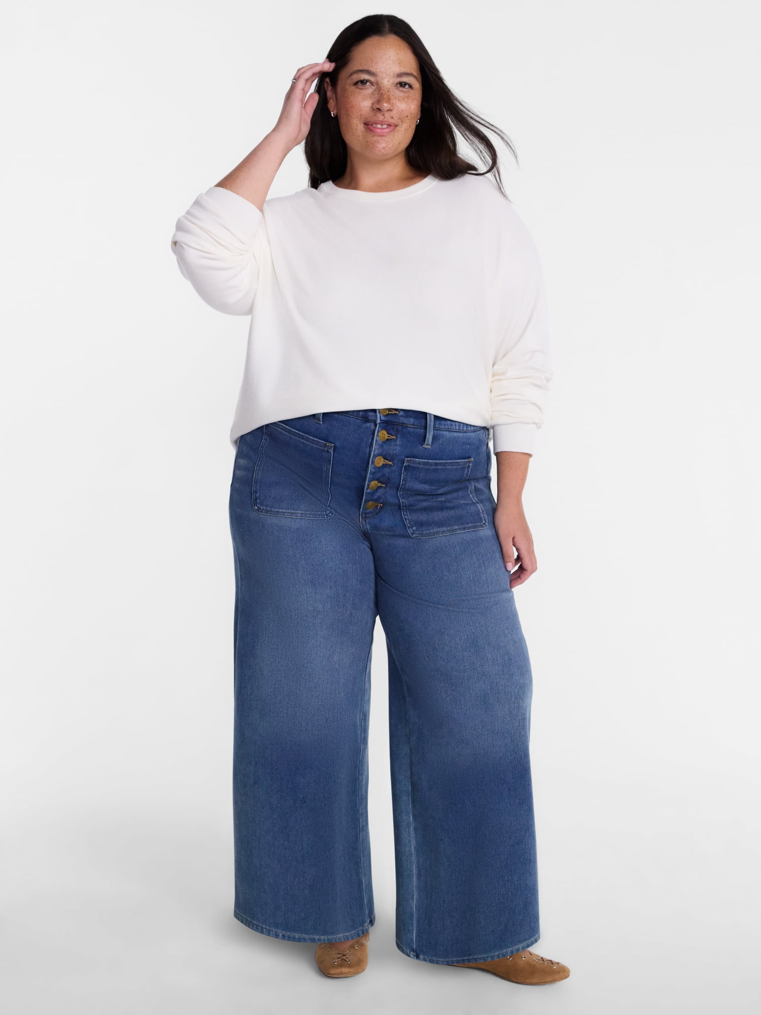Terra and Sky Women's Plus Cropped Patch Pocket Wide Leg Jeans, 26" Inseam, Sizes 16W-24W
