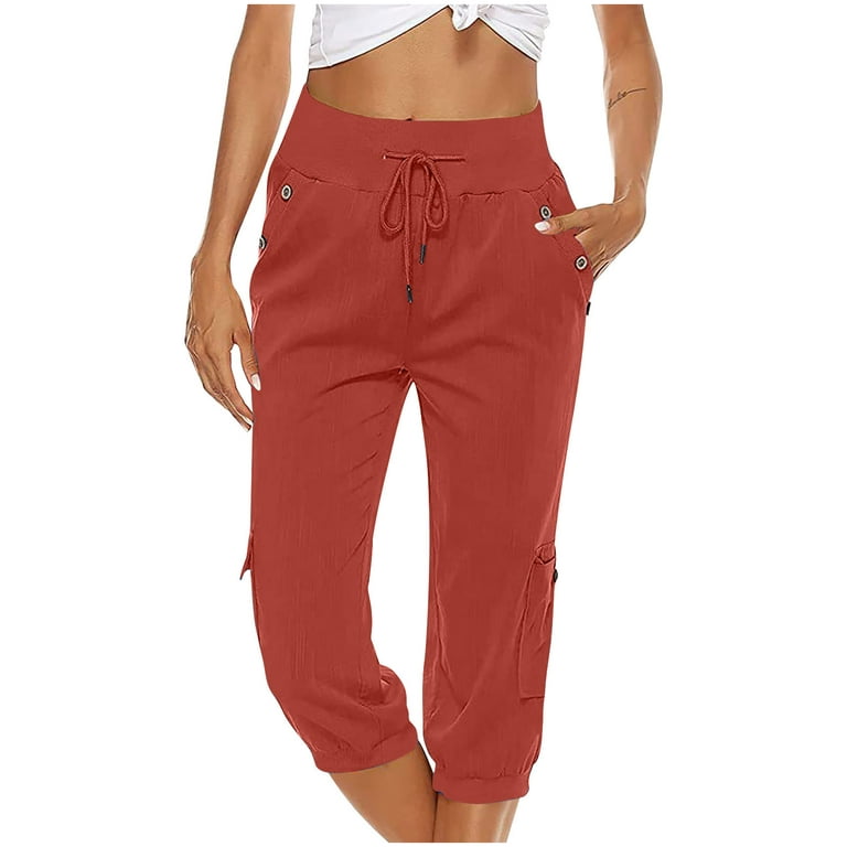Womens Cargo Capris Pants Drawstring Elastic Waist Casual Pants Summer  Loose Outdoor Hiking Capri Trousers with Pockets 