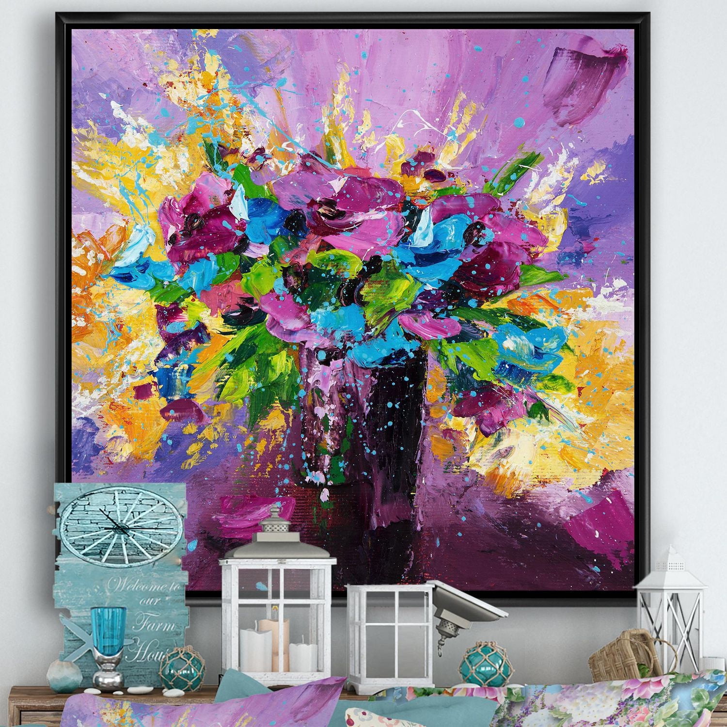 Designart Bouquet lumineux de fleurs de printemps sur fond violet ART MURAL À CADRE FLOTT