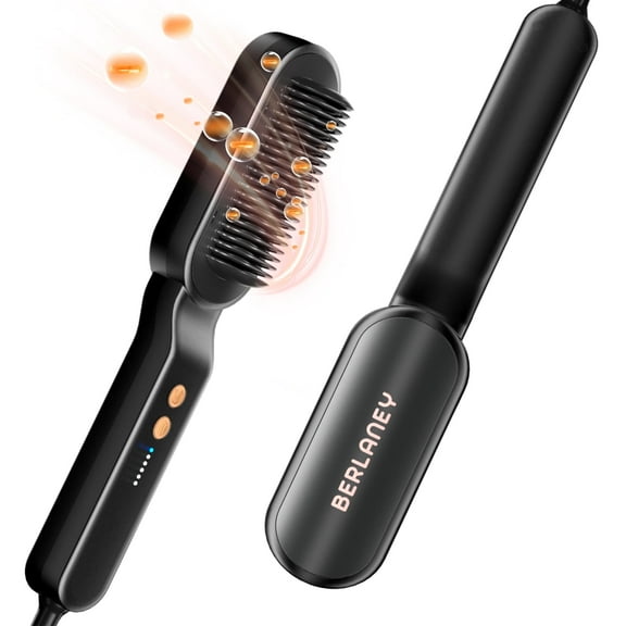 Berlaney Lonic Hair Straightener Brush With 5 Temp Adjust, Heat Protect Ceramic, Fast Heating Dual Voltage For Women Home Salon - Black