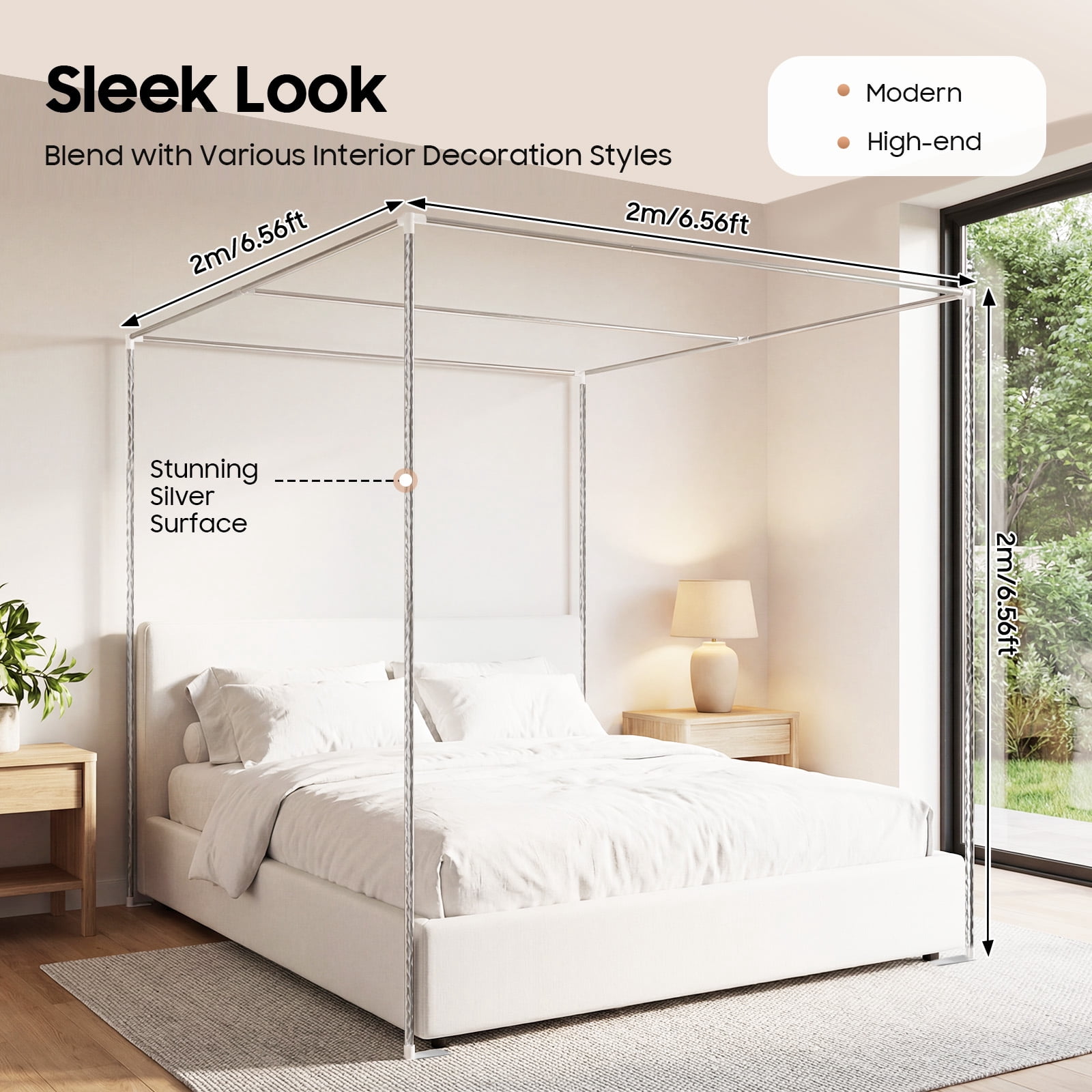 Fixartoo Canopy Bed Frame,Stainless Steel Mosquito Net Stand for Bed, 6.56x6.56x6.56ft,Fits Most Beds Up to Queen/King,Easy Install