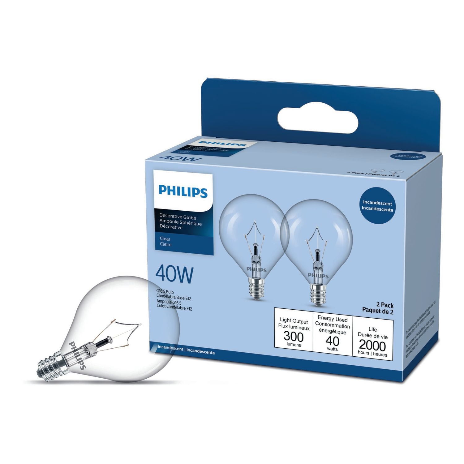 PHILIPS 40W G16.5 Candelabra Base Clear Globe Light Bulbs 2-Pack, 40W G16.5 Candelabra