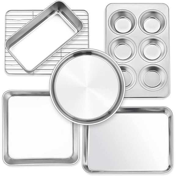 6-Piece Small Toaster Oven Pan Set, Stainless Steel Bakeware Set, Toaster Oven Tray with Rack, Square/Round Cake Pan, Loaf Pan & Muffin Pan, Non Toxic & Easy Clean