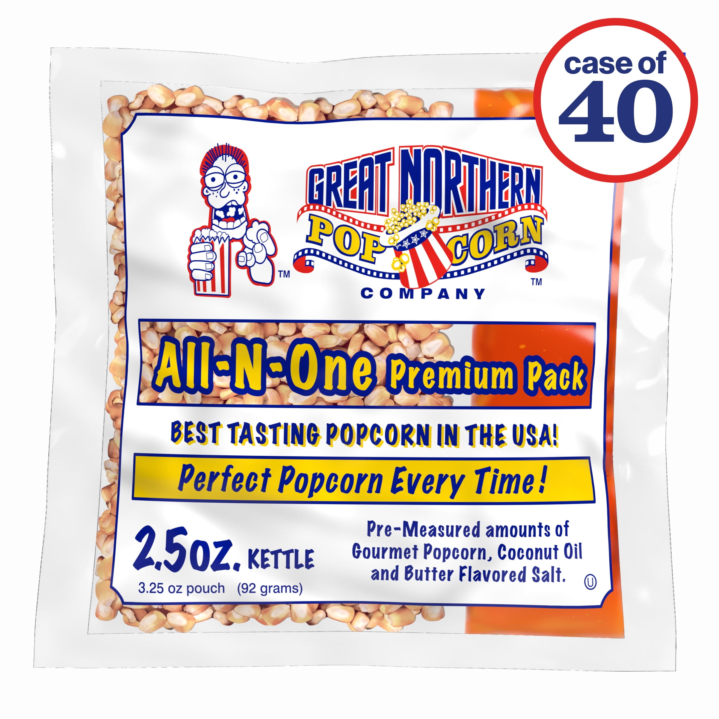 2.5oz Popcorn Machine Popcorn Packets - Pre-Measured, Movie Theater Style, All in One Gourmet Pop Corn Kernels for Popping with Butter Flavored Salt and Oil by Great Northern Popcorn (40 Case)