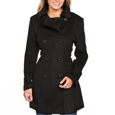 Women's Wool Blend Double Breasted Pea Coat (Black,