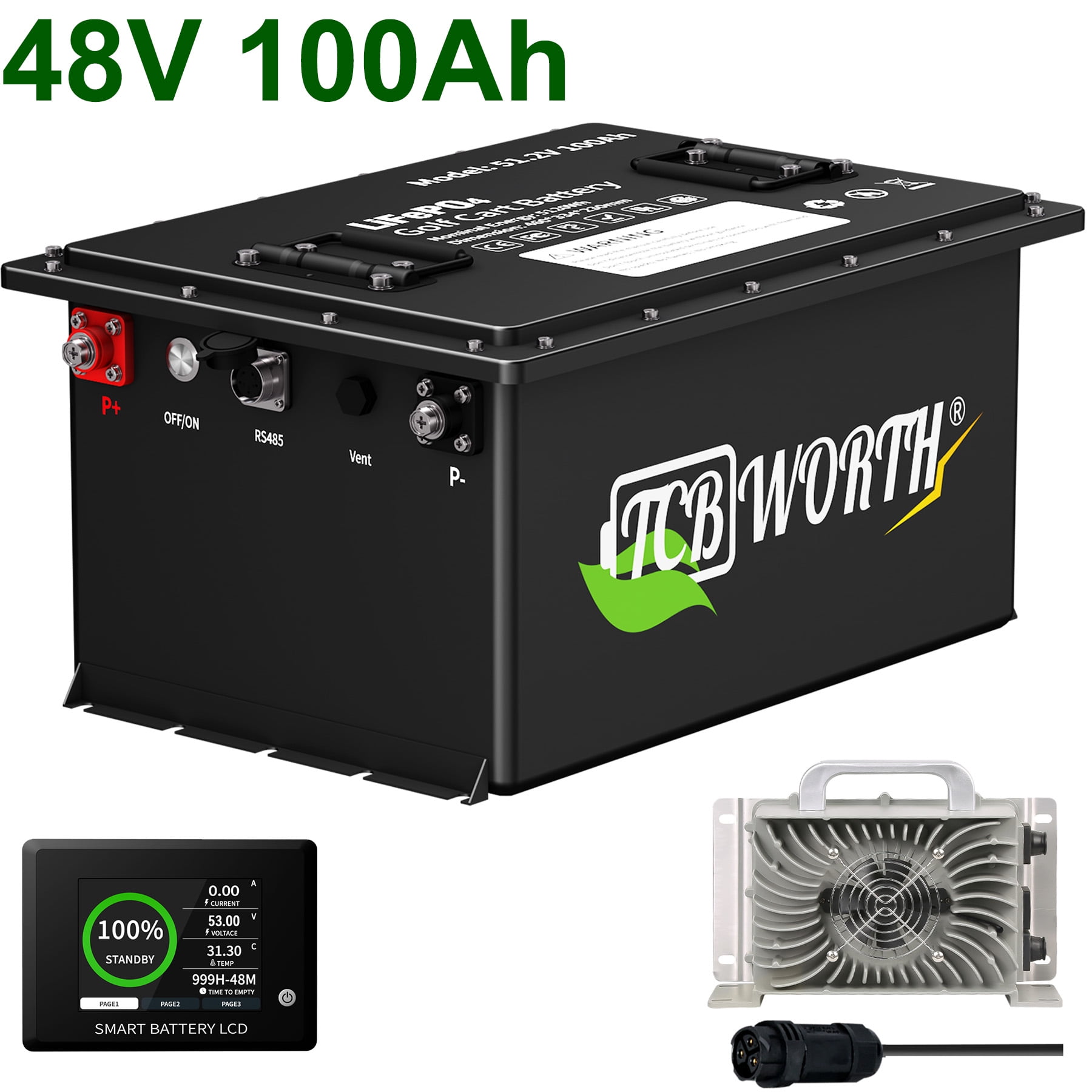 48V 100Ah Golf Cart Battery with a Monitor & APP,TCBWORTH Lithium Lifepo4 Battery,200A BMS,15000+ Deep Cycles for Golf Cart