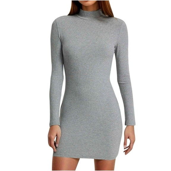 WRKEKC Long Sleeve Dress for Women Solid Color Bodycon Half High Neck Knee Length Dress with Stretchy Fabric