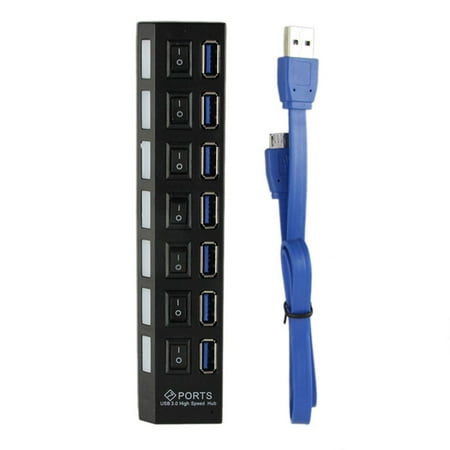 Black 7 Port USB 3.0 Hub On/Off Switches + AC Power Adapter Cable for PC (Best 7 Port Usb 3.0 Hub)