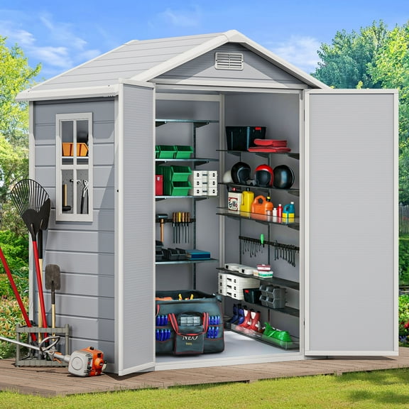 Dextrus Resin Storage Shed with Reinforced Floor, 6.2x3.4 FT Outdoor Storage Shed with Lockable Door, Window and Vents