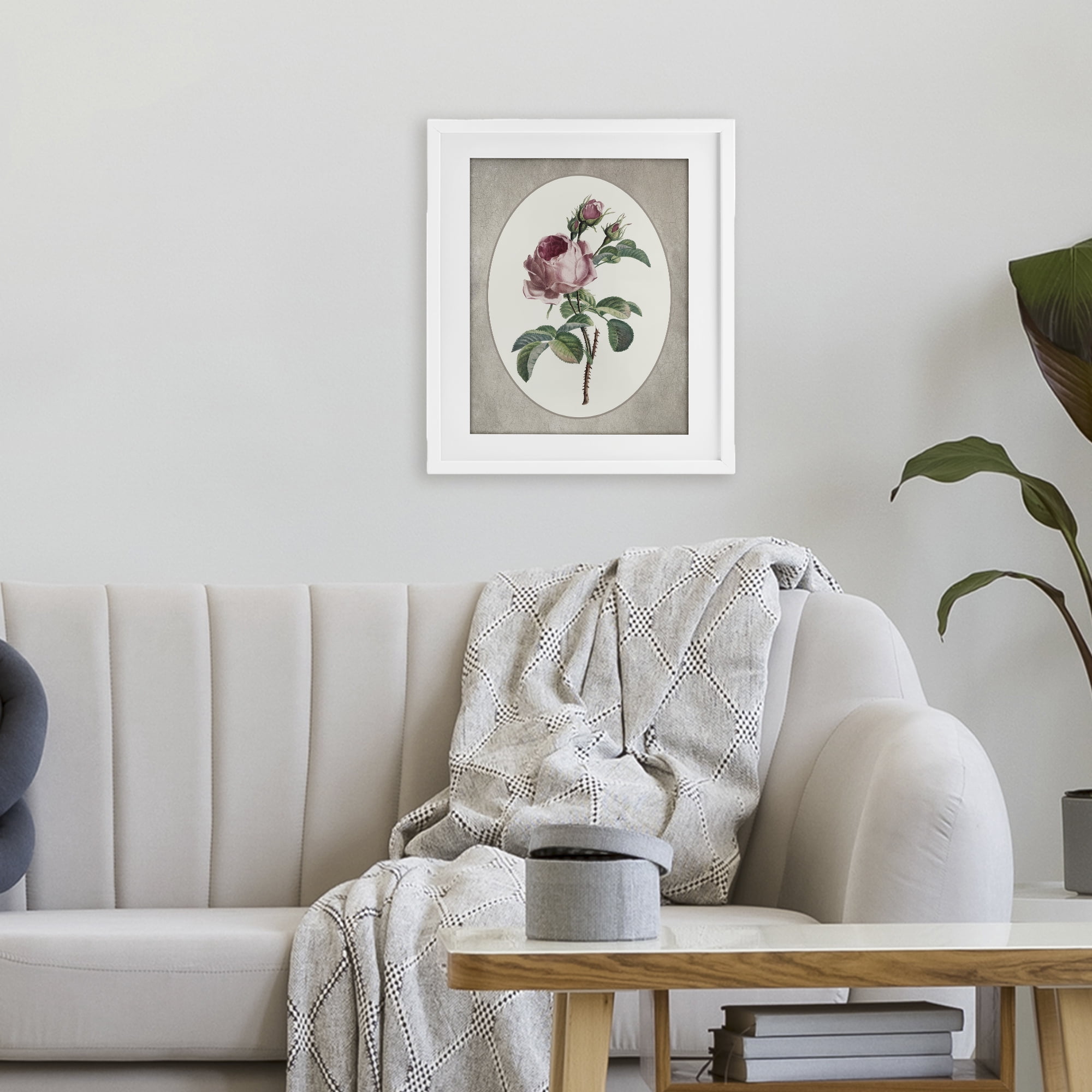 Vintage Rose within Oval White Framed Print Under Glass, design by Lettered and Lined