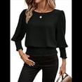 thumbnail image 2 of Blusas de Mujer con Cuello Redondo, 3/4, Cintura Elástica y Dobladillo Fruncido, Blusas Casuales Lisas Negro L, 2 of 9