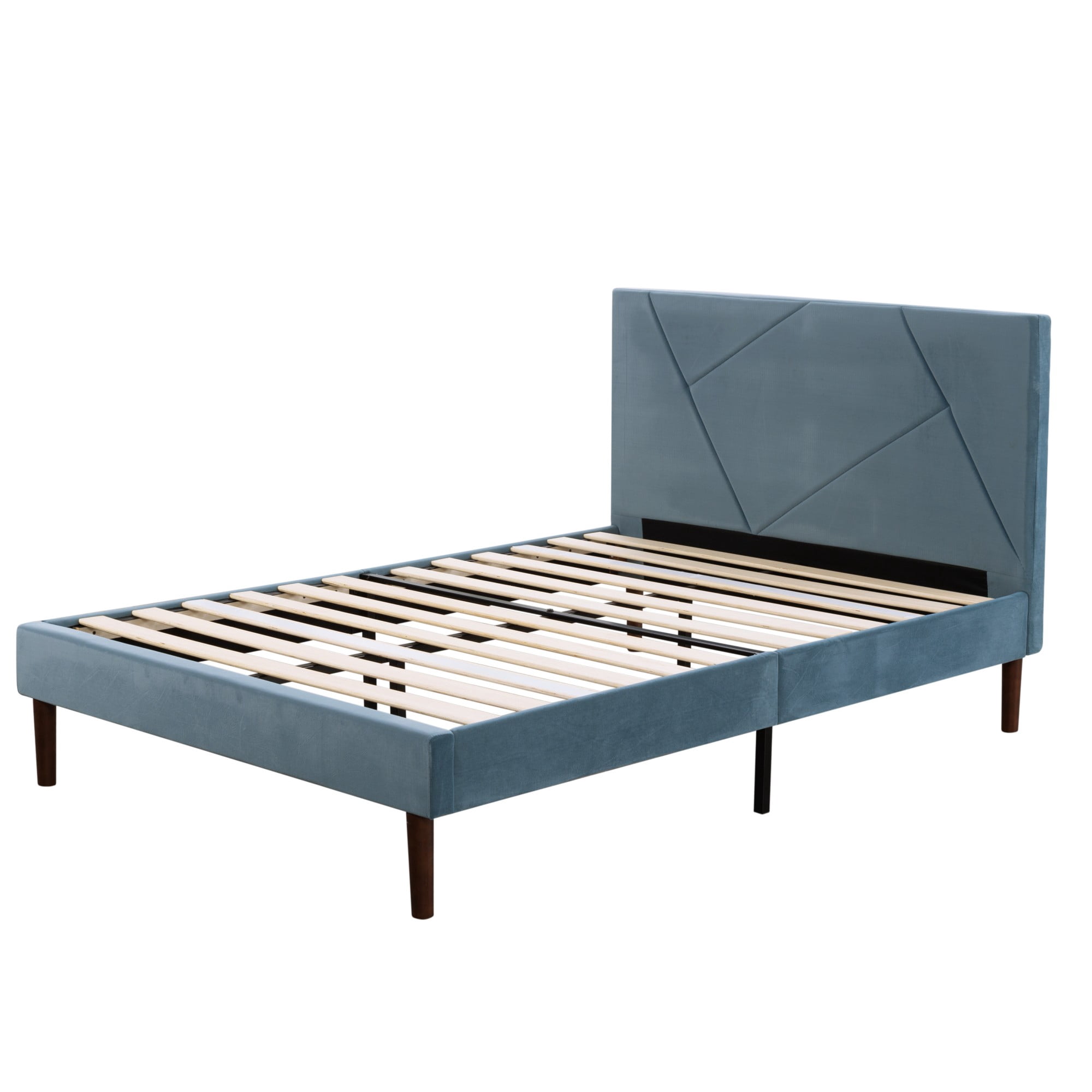 Gewnee Full Size Velvet Upholstered Platform Bed Frame with Tufted Headboard & Wood Slats, Blue for Bedroom