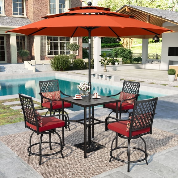SUMMIT LIVING 6-Piece Outdoor Patio Swivel Bar Stool & Table Set, 4 Height Chairs with Seat and Back Cushions and 10 ft Patio Umbrella, Black & Red
