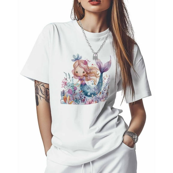 T Shirts for Women Short Sleeve Cotton Crewneck T-Shirt, Mermaid Coral Shell Watercolor Tee Tops Casual Basic T-Shirts, XS-5XL White M