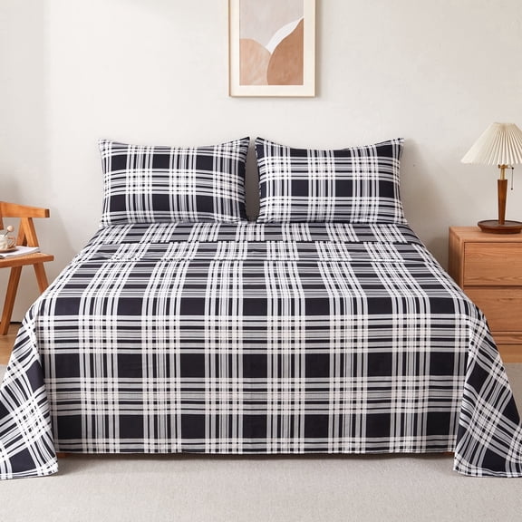 Jessy Home Full/Queen 4-Piece Plaid Bed Sheet Set, Soft Microfiber, 14-Inch Deep Pocket, Flat & Fitted Sheet with 2 Pillowcases, Black White