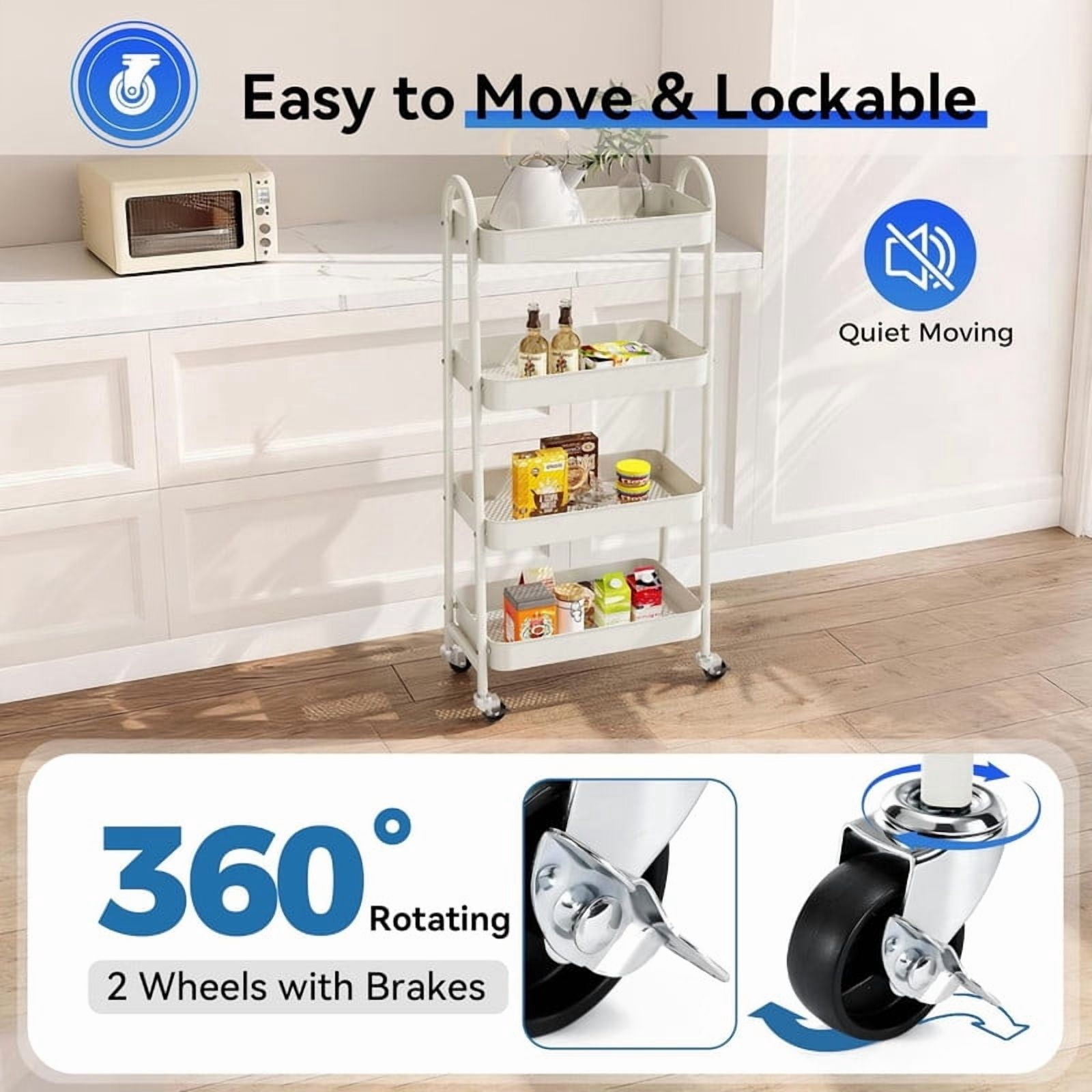 Kelno 4 Tier Rolling Cart Metal Utility Storage Cart Mobile Storage Organizer with Lockable Wheels,White