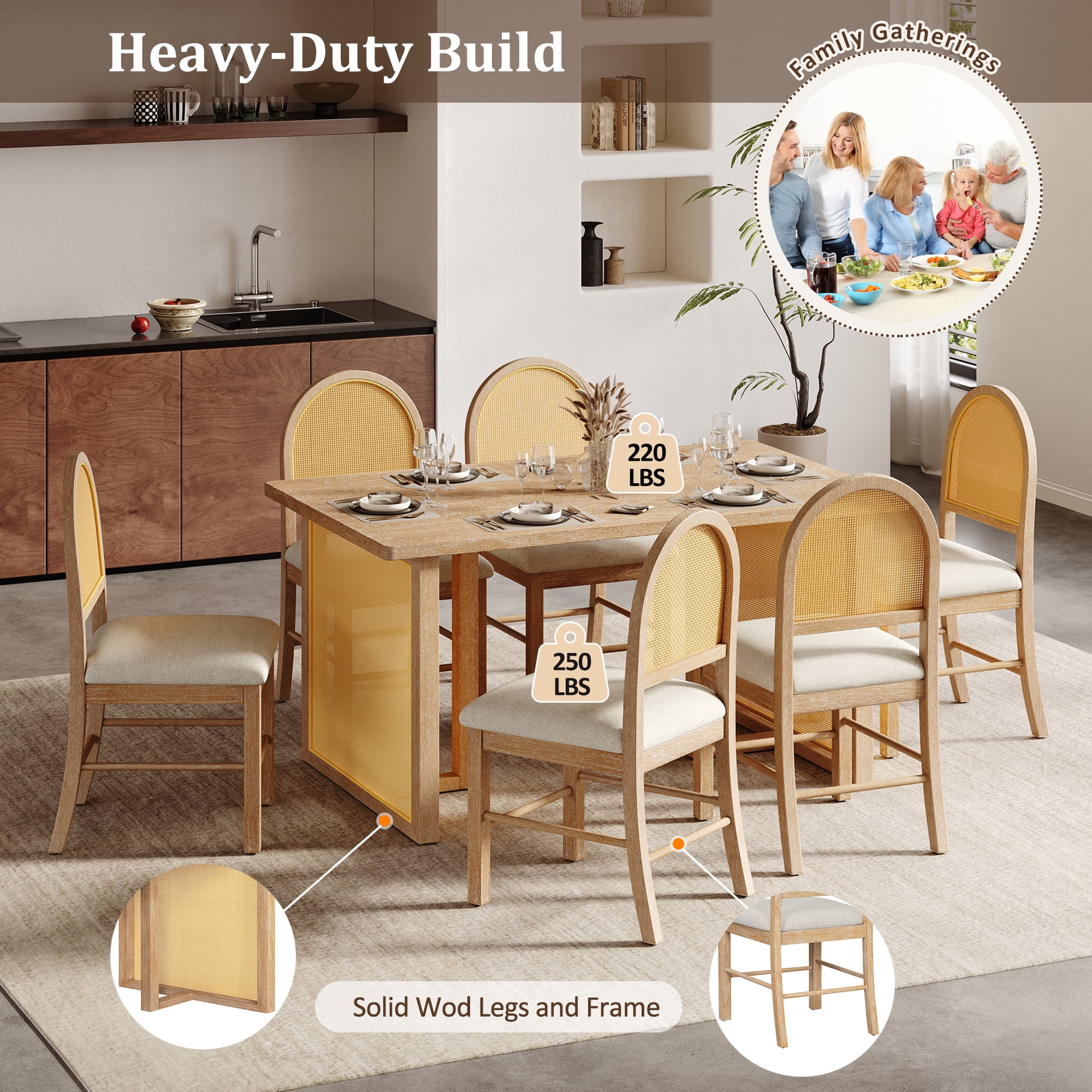 Mintazer 7 Piece Farmhouse Rectangular Dining Table Set, Distressed Oak Veneer Table with 6 Rattan Upholstered Dining Chairs for Living Room Dining Room, Natural