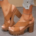 thumbnail image 4 of Rokment Womens Studded Platform Chunky High Heels Dress Sandals for Ladies 2026 Summer Trendy Leather Crooss-Band Open Toe Heeled Slingback Sandals Brown Size 7.5, 4 of 6